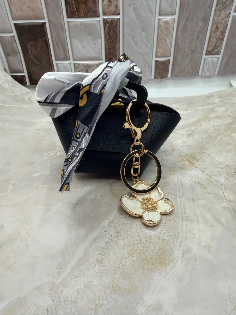 Black  Mini Purse Keychain with White Flower Charm